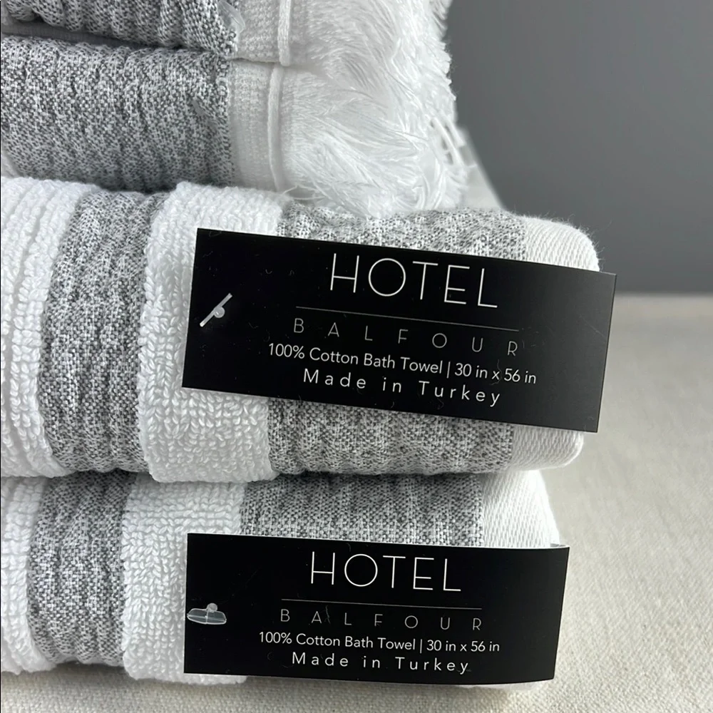 Hotel Balfour Bathroom Towel Set 4 Piece White Tan 100% Cotton 2 Bath 2 Hand NEW